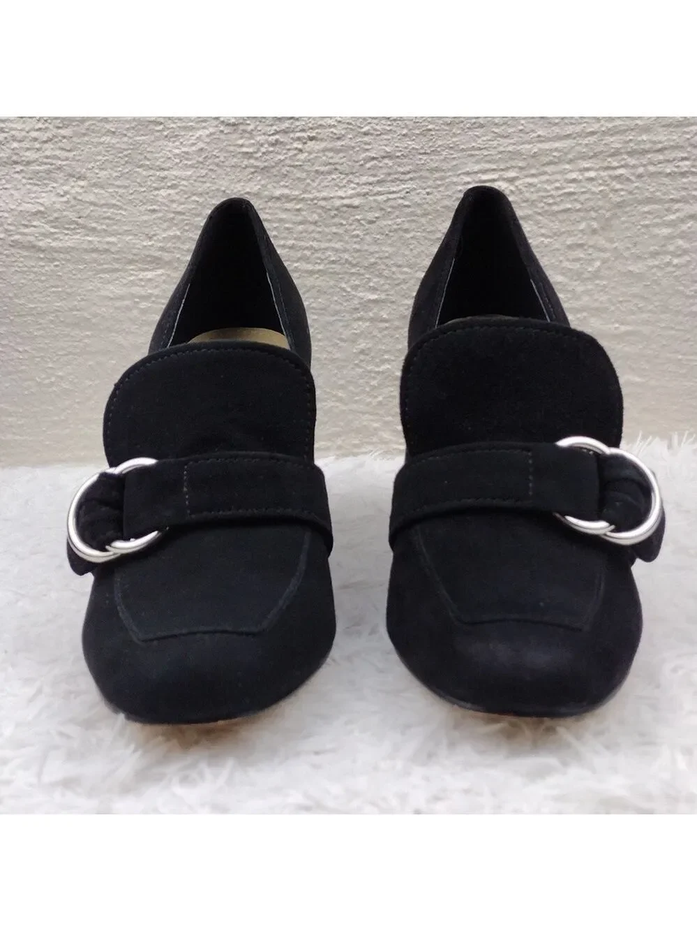 Marc Fisher Caila Black Suede Upper Round Toe Block High Heel Slip On Shoe